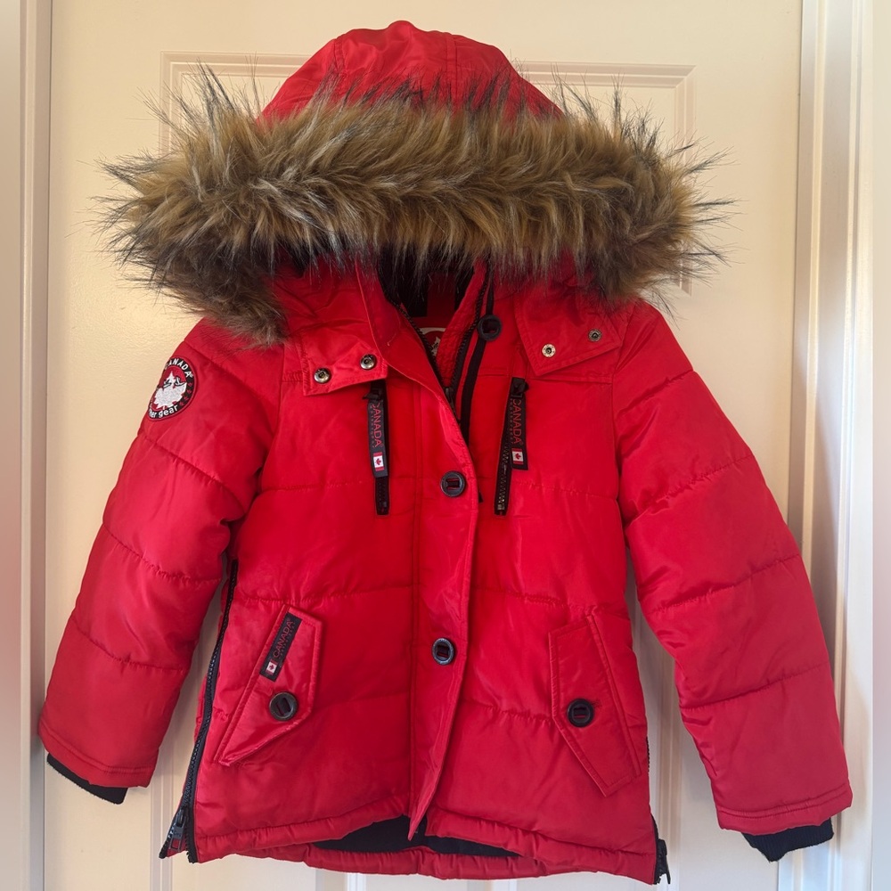 Canada Weather Gear Kids Red Puffer Coat Jacket w/ Hood and Detachable Faux Fur